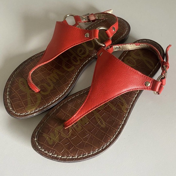 Sam Edelman Greta Leather T-Strap Flat Sandal Thong Ankle Strap Red 6 36 - Picture 3 of 5